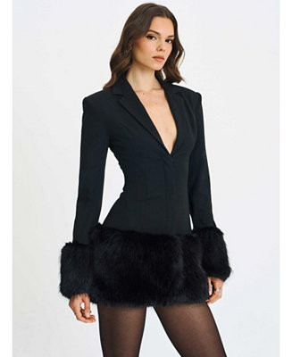 Women Wenona Black Fur Trimmed V-Neck Mini Blazer Dress | Macy's