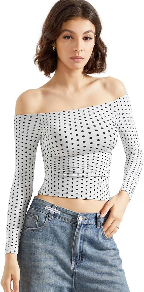 SUUKSESS Women Off Shoulder Double Lined Long Sleeve Shirts Basic Going Out Tops | Amazon (US)