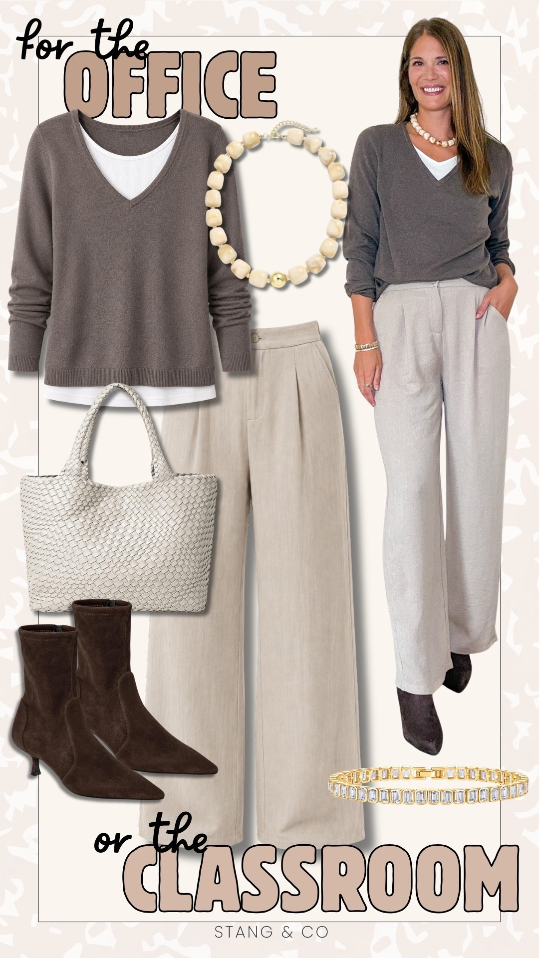 This is one of my favorite formulas for early fall workwear. The soft neutral layers, wide leg trousers, and rich brown boots feel timeless, and every piece can be mixed with other staples already in your closet. It’s an easy outfit for the office, the classroom, or anywhere you want to look put together without overthinking it.

Workwear outfit, teacher outfit, office style, fall workwear, neutral outfit, wide leg trousers, fall sweater, business casual, classroom style, capsule wardrobe, StangandCo

#LTKWorkwear #LTKSeasonal #LTKootd