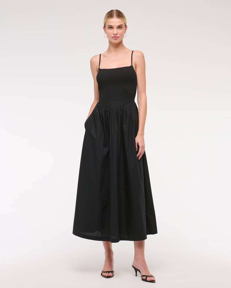 Dipped-Waist Smocked Midi Dress | Abercrombie & Fitch (US)