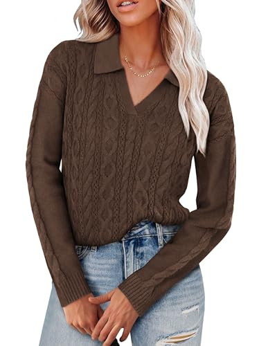 GRACE KARIN 2024 Women's Fall Lapel Collar Sweater Casual V-Neck Long Sleeve Pullover Ribbed Knit Clothes Dark Brown S | Amazon (US)