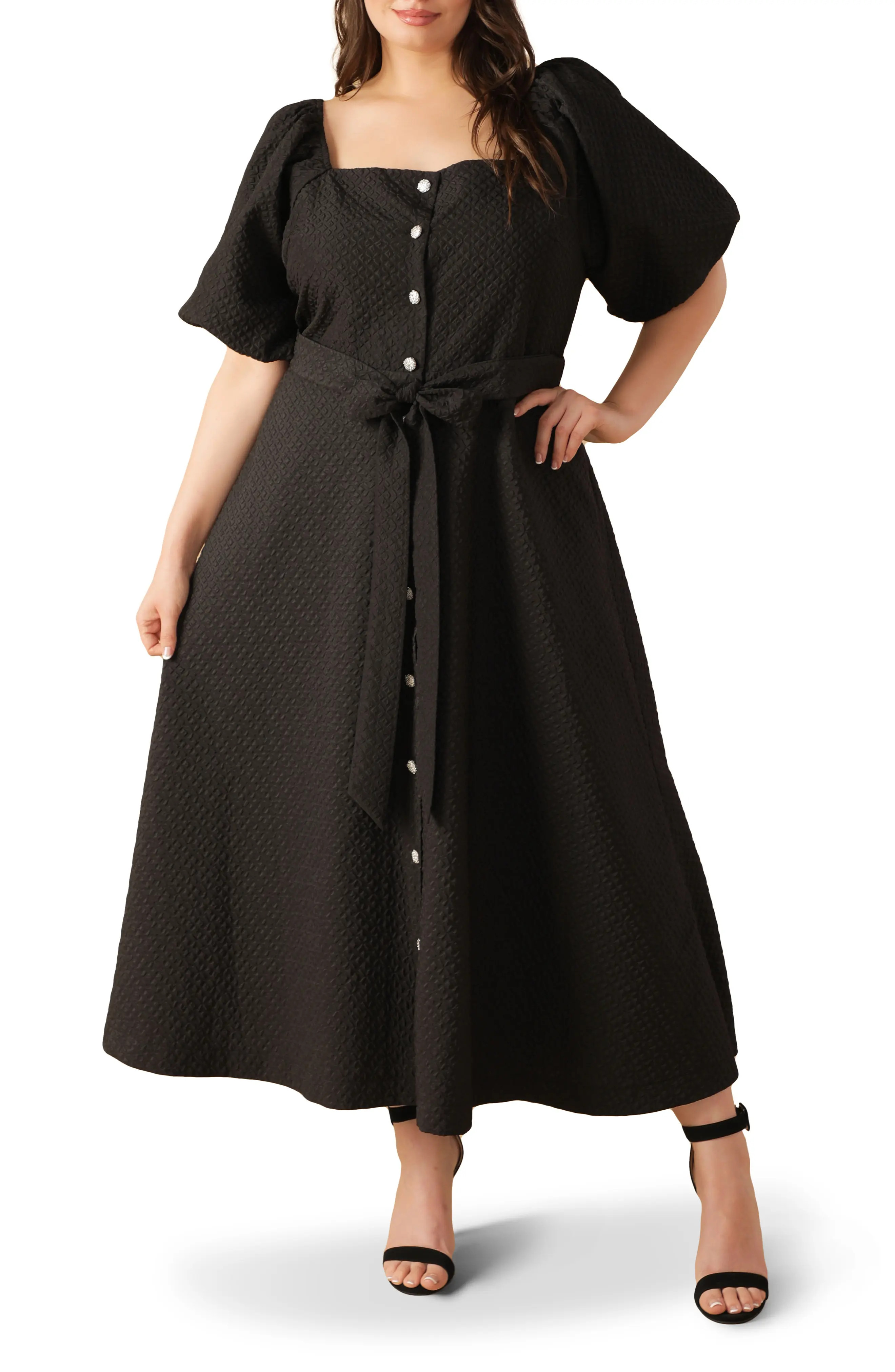 FLYING TOMATO Textured Tie Waist Puff Sleeve Midi Dress (Women) | Nordstromrack | Nordstrom Rack