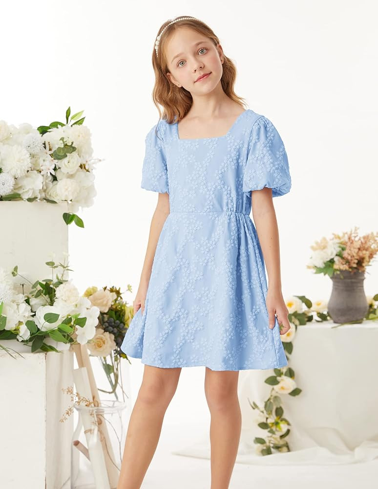 GRACE KARIN Girls Puff Sleeve Dress Crew Neck Back Cross Hollow Casual A-Line Dresses for 6-12Y | Amazon (US)