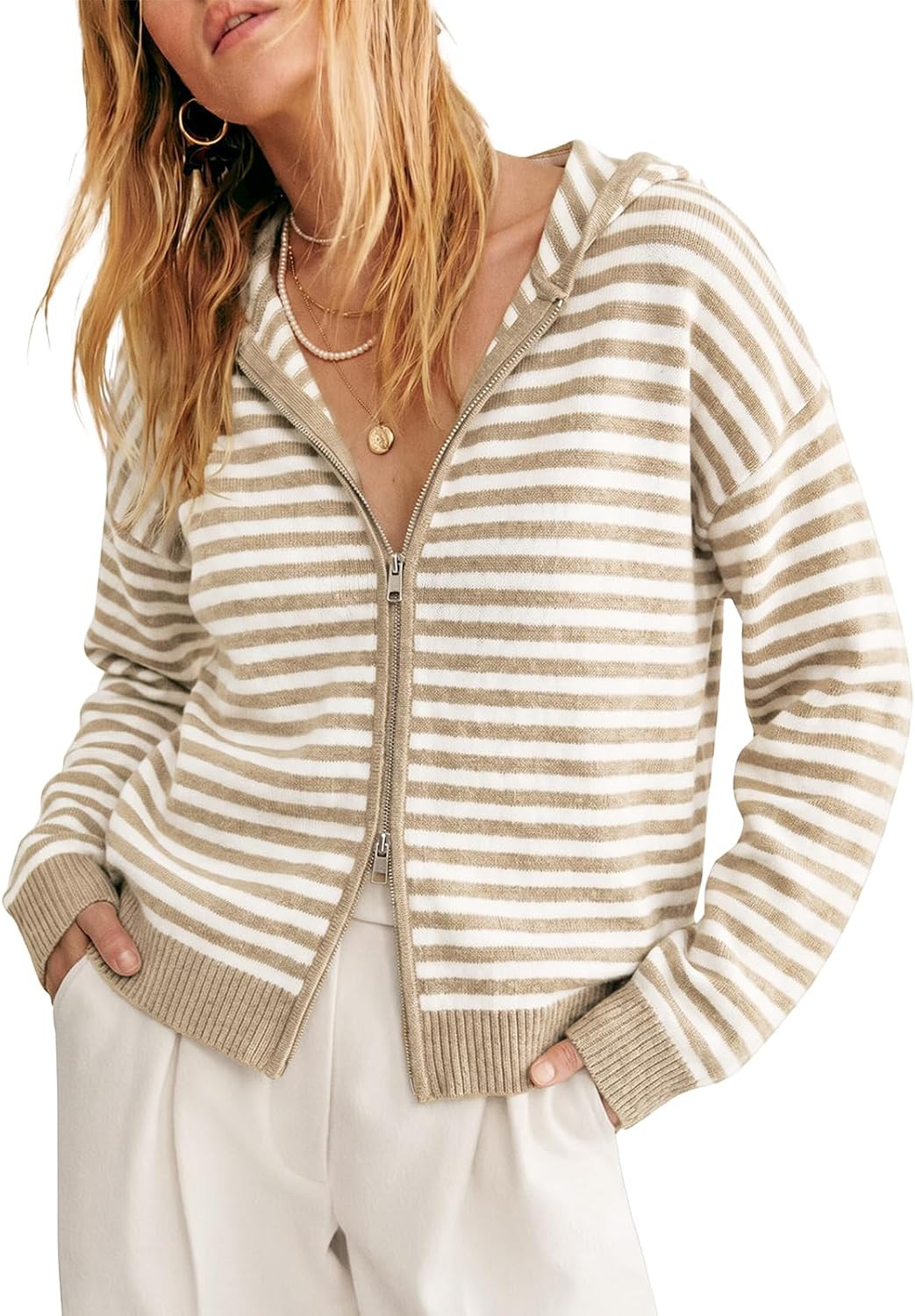 Cicy Bell Womens Striped Hooded Cardigan Zip Up Knit Long Sleeve Sweaters | Amazon (US)