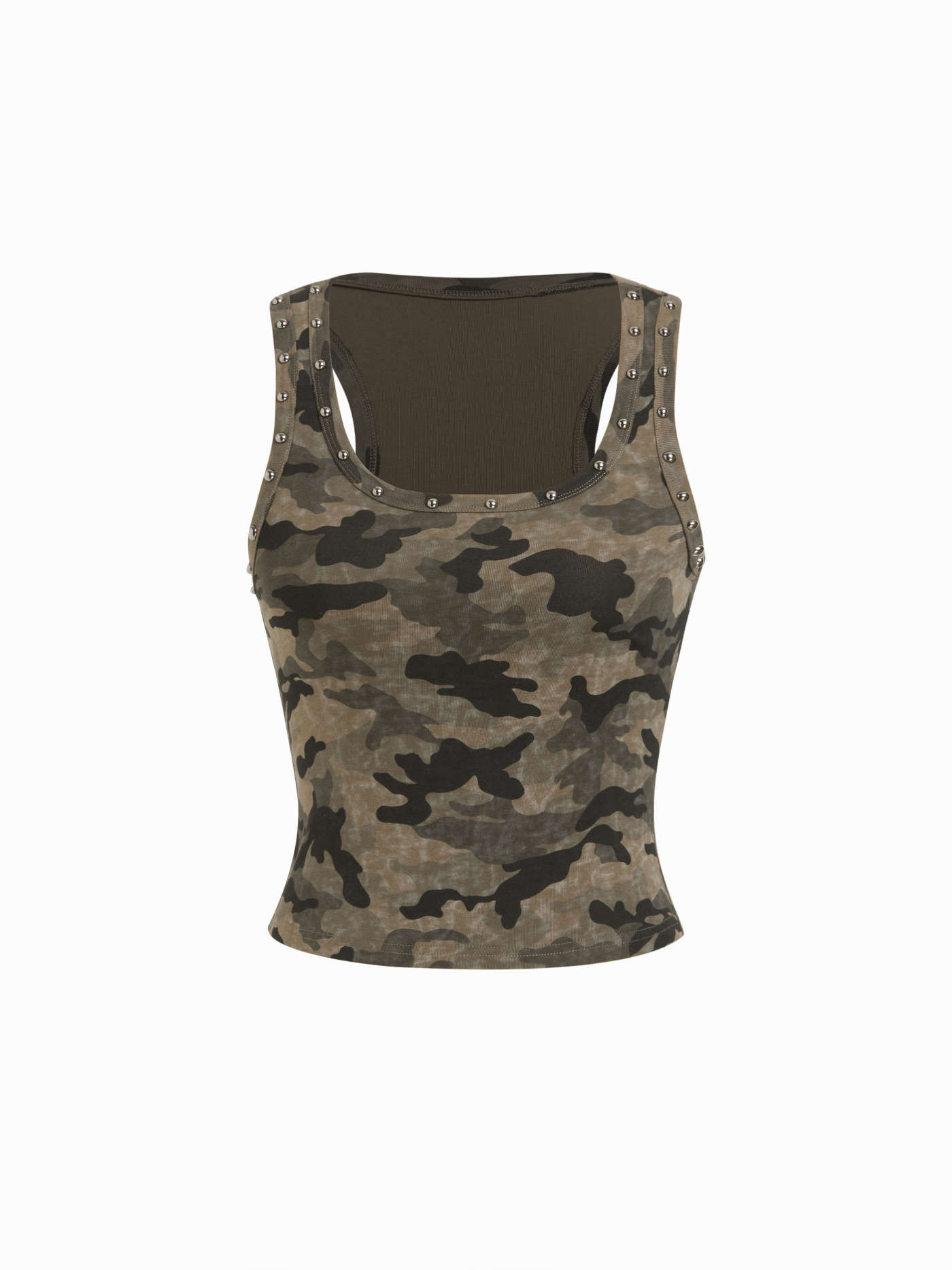 Knit Fabric Cotton-blend Square Neck Camo Crop Top with Metal Detail For Music Festival/Live Hous... | Cider