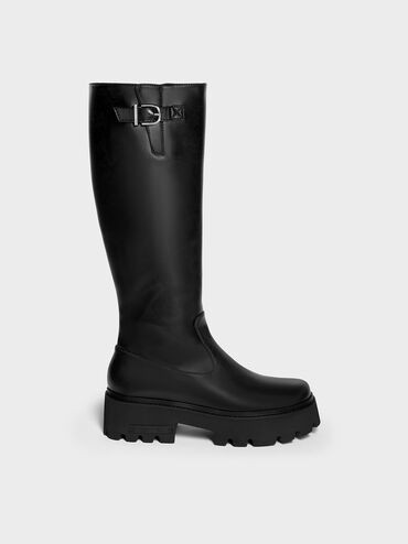 Imogen Side-Buckle Chunky Knee-High Boots
 - Black | Charles & Keith UK