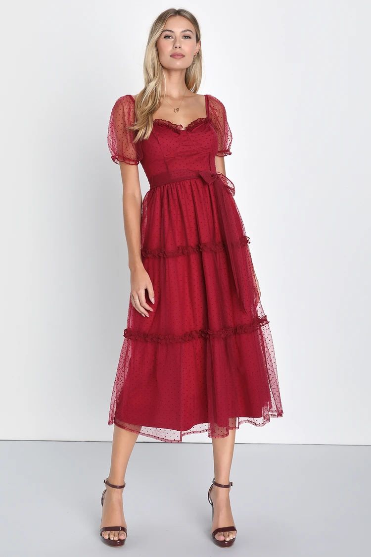 Magnetic Presence Wine Red Swiss Dot Puff Sleeve Midi Dress | Lulus (US)