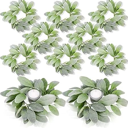 12 Pcs Christmas Candle Rings Eucalyptus Candle Ring Wreaths Mini Lambs Ear Wreath Votive Candle Hol | Amazon (US)