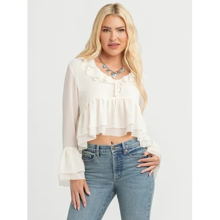 Jessica Simpson Women's Stayce Cropped Ruffle Top with Long Sleeves, Sizes XS-XL | Walmart (US)