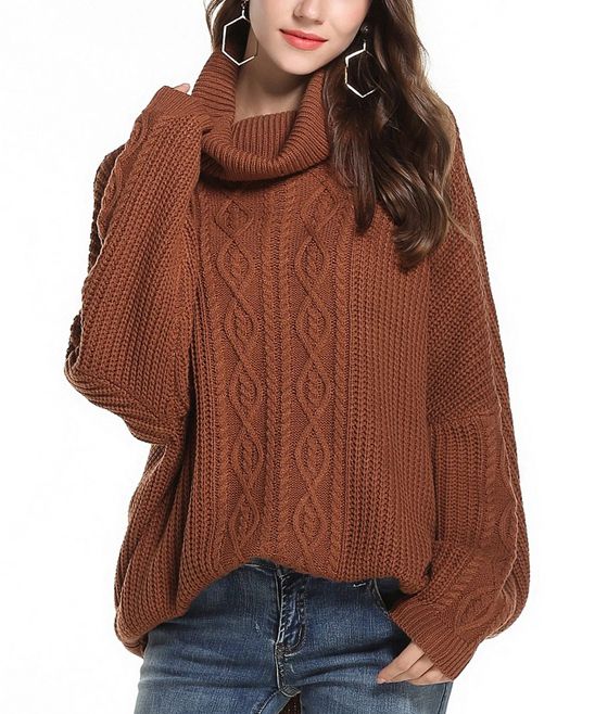 Caifeng Women's Pullover Sweaters Light - Light Brown Cable Knit Turtleneck Sweater - Women | Zulily