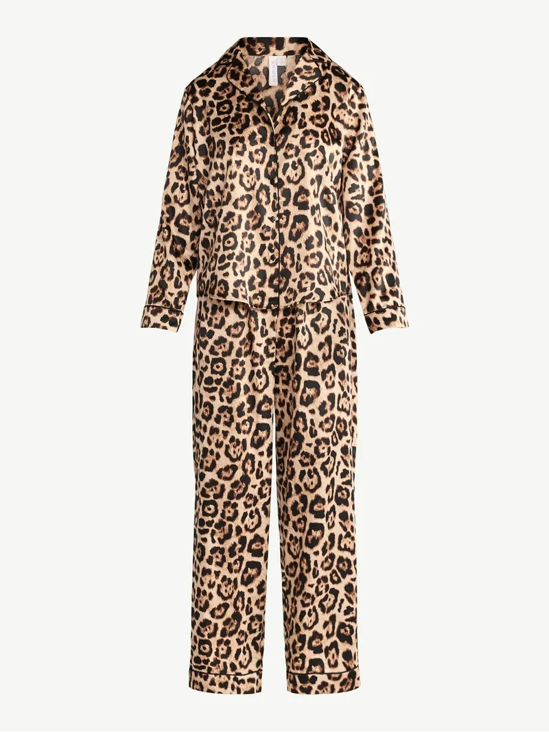 Joyspun Women’s Stretch Satin Notch Long Sleeve Top and Pants Pajama Set, 2-Piece, Sizes XS-3X ... | Walmart (US)