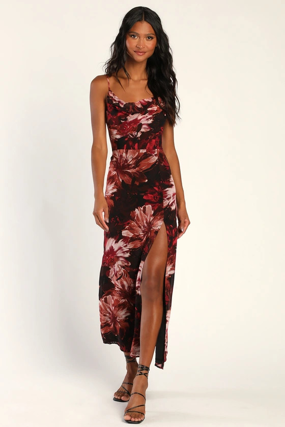 Flowery Passion Burgundy Floral Print Cowl Neck Midi Dress | Lulus