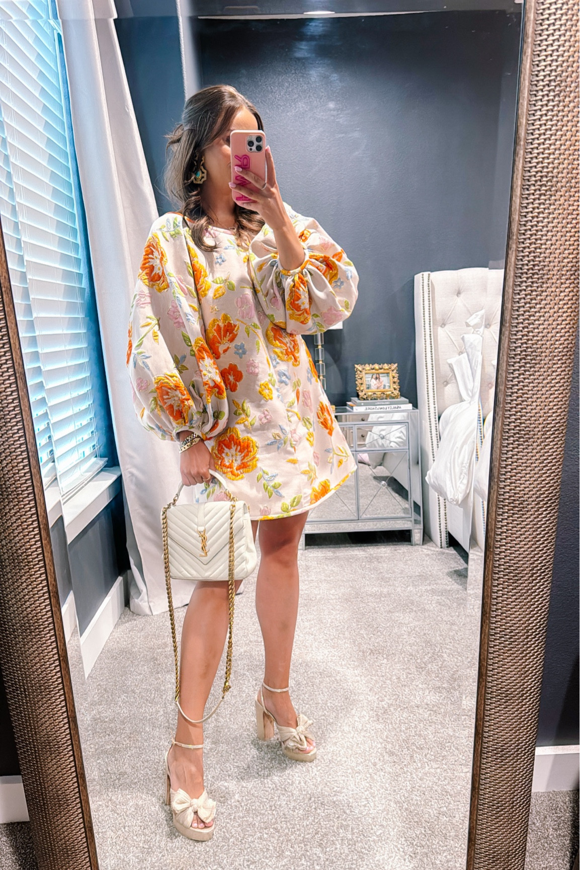 Baby shower. Wedding shower. Summer dress. Wedding guest. Statement dress. Orange. Floral. Loeffler Randall. Ysl. Wearing a small dress  

#LTKBaby #LTKWedding #LTKMidsize