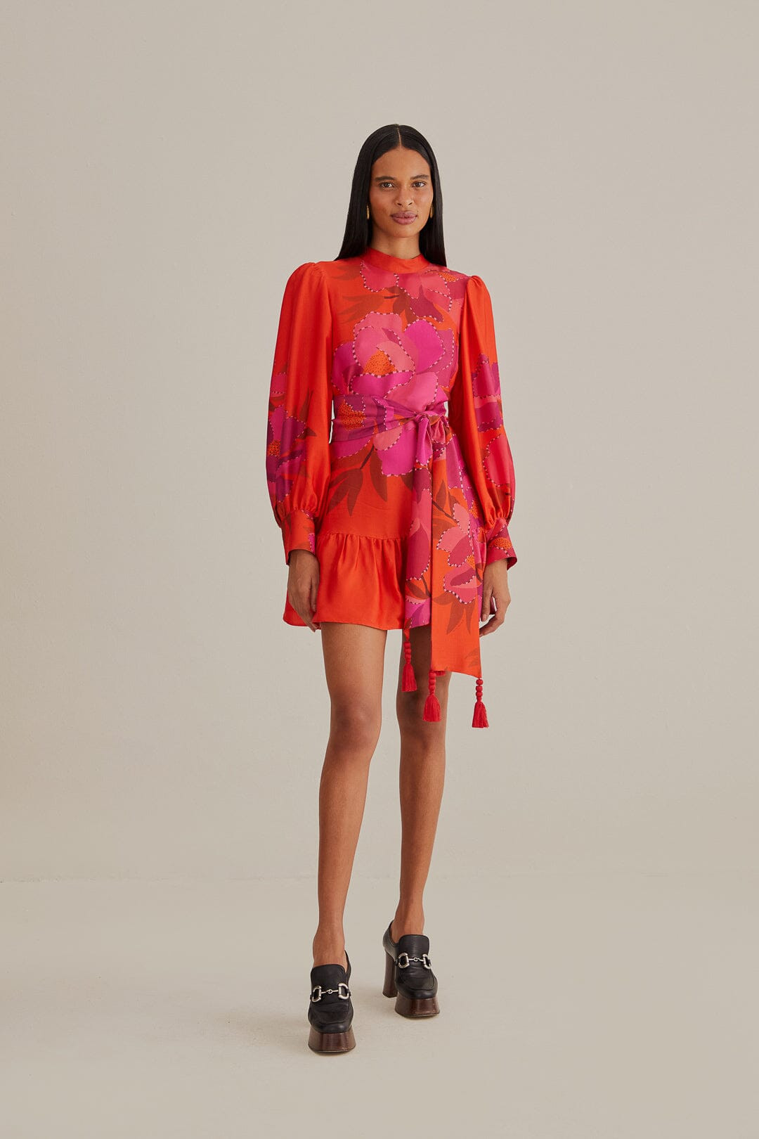 Red Peony Long Sleeve Mini Dress | FarmRio (US)