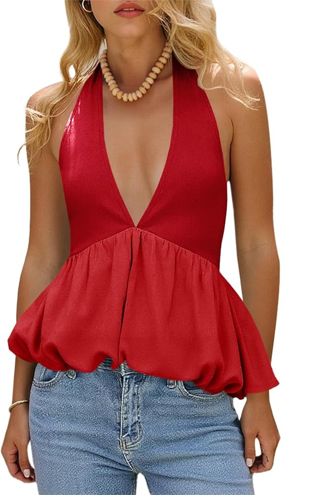 Tankaneo Womens Deep V Neck Halter Tank Tops Summer Trendy Casual Bubble Hem Tie Back Sleeveless ... | Amazon (US)