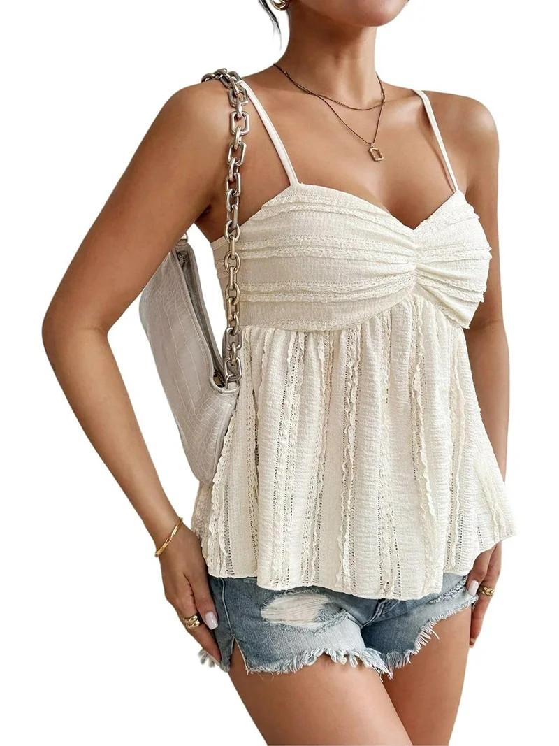 Womens Summer Spaghetti Strap Sexy Lace Trim Peplum Tank Top Backless Going Out Crop Tops for Wom... | Walmart (US)