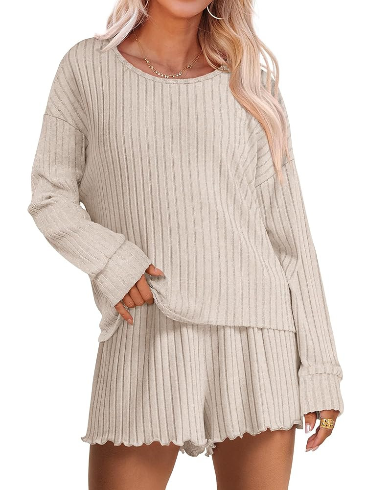 ANRABESS Women's 2 Piece Lounge Pajama Sets Casual Ribbed Long Sleeve Top Matching Shorts Sleepwe... | Amazon (US)