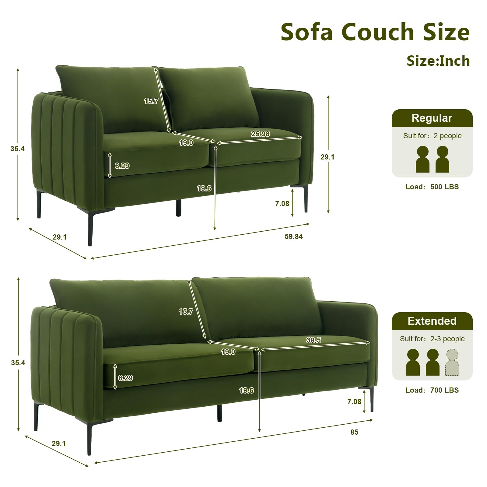 Modern Living Room Furniture Sets, 2 Piece Couch Set - Velvet Green Loveseat and 3 Seater Couch -... | Amazon (US)