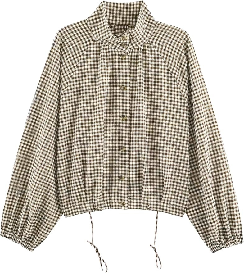 Womens Gingham Bomber Jacket Lightweight Stand Collar Casual Coat | Amazon (US)