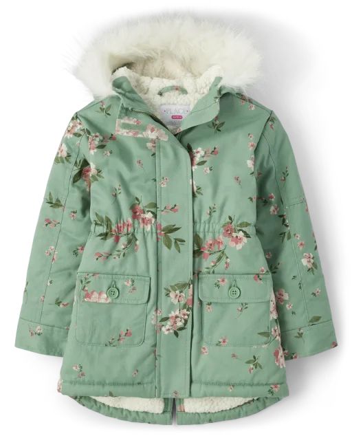 Girls Long Sleeve Floral Parka Jacket | The Children's Place  - SWEET PEAR | The Children's Place