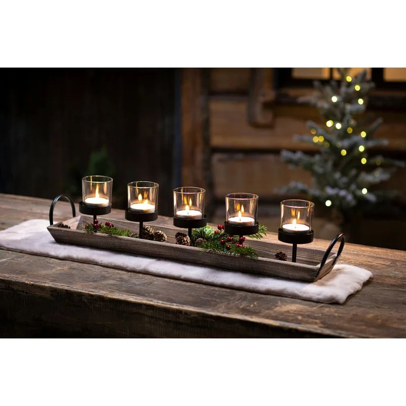 5-Pillar Candelabra Centerpiece with Glass Cups and Rustic Wood Tray | Wayfair North America
