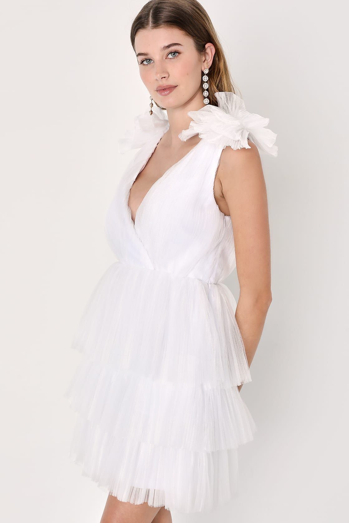 Dramatic Arrival White Tulle Tiered Surplice Mini Dress | Lulus (US)