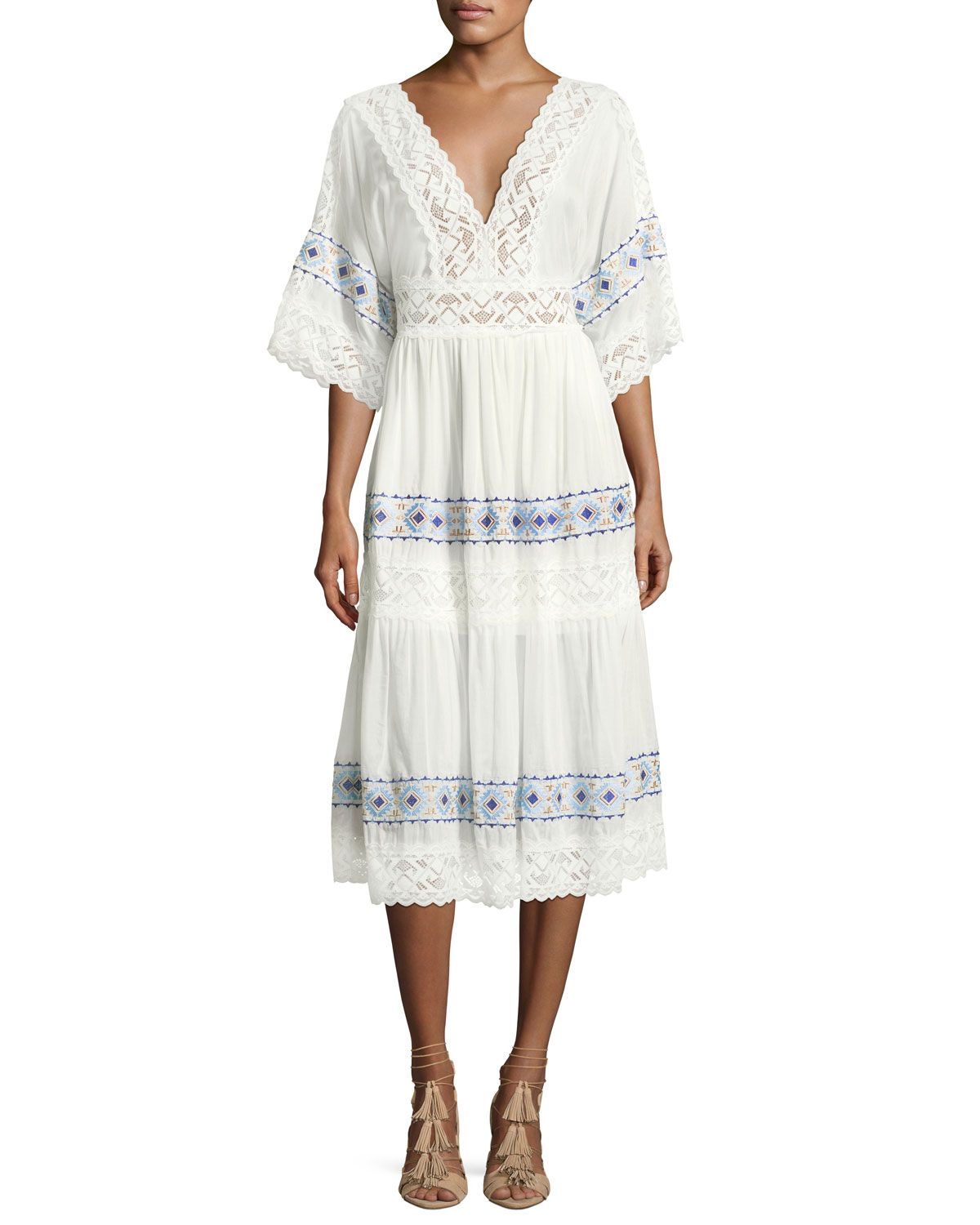 Anatole Deep-V Cotton-Silk Voile Midi Dress with Lace | Neiman Marcus