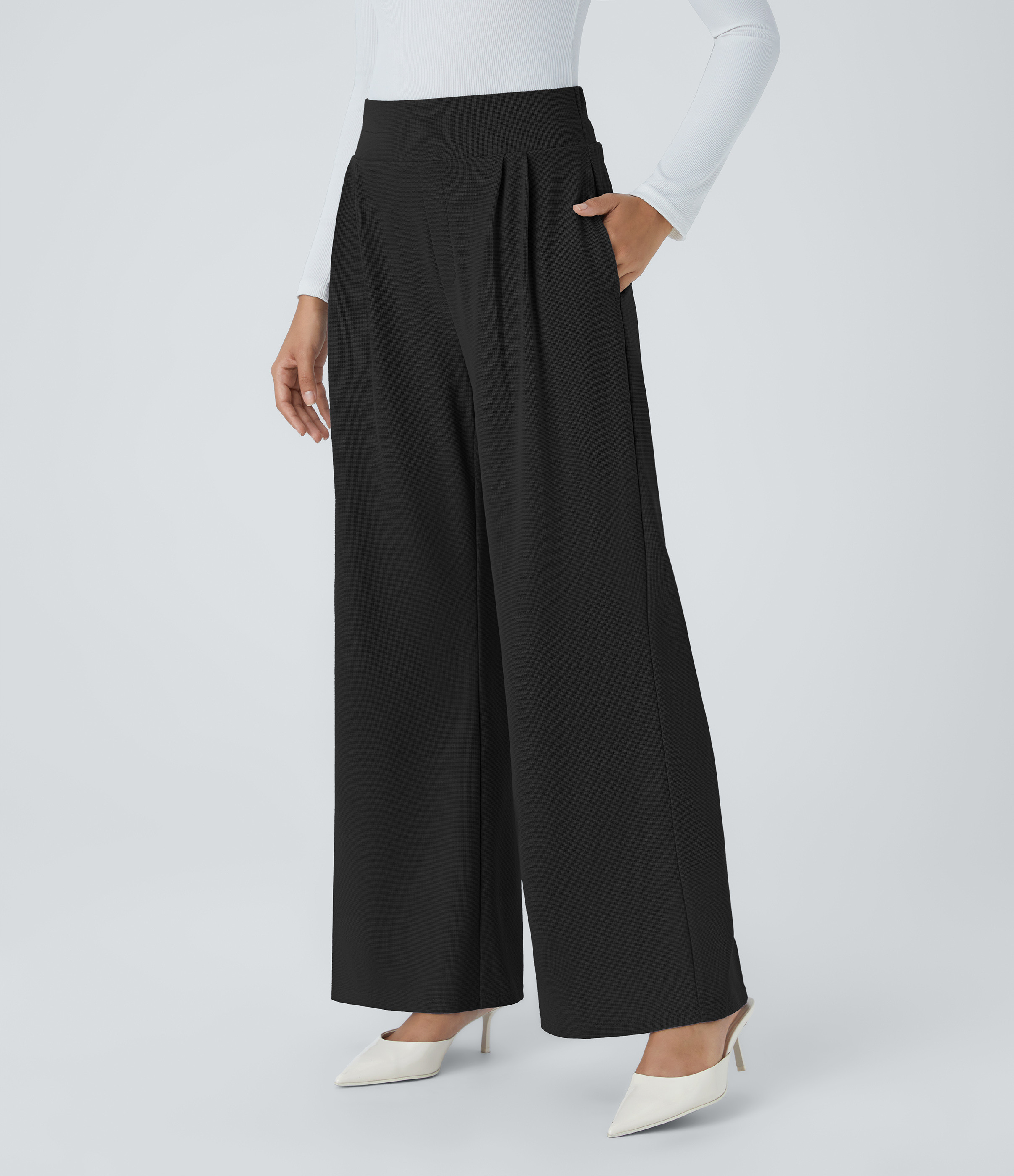 Halara Halara Flex™ High Waisted Wide Waistband Pocket Wide Leg Waffle Work Pants - Black - S(regular) | HALARA