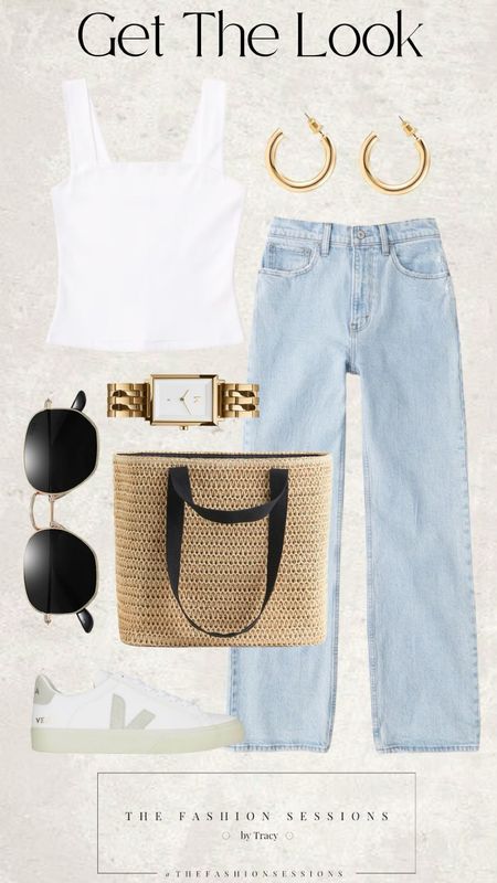 | Summer Outfit | Linen Tank | Square Neck Tank | Blue Jeans | White Sneakers |Woven Bag | Summer Style | 

#LTKstyletip #LTKunder100