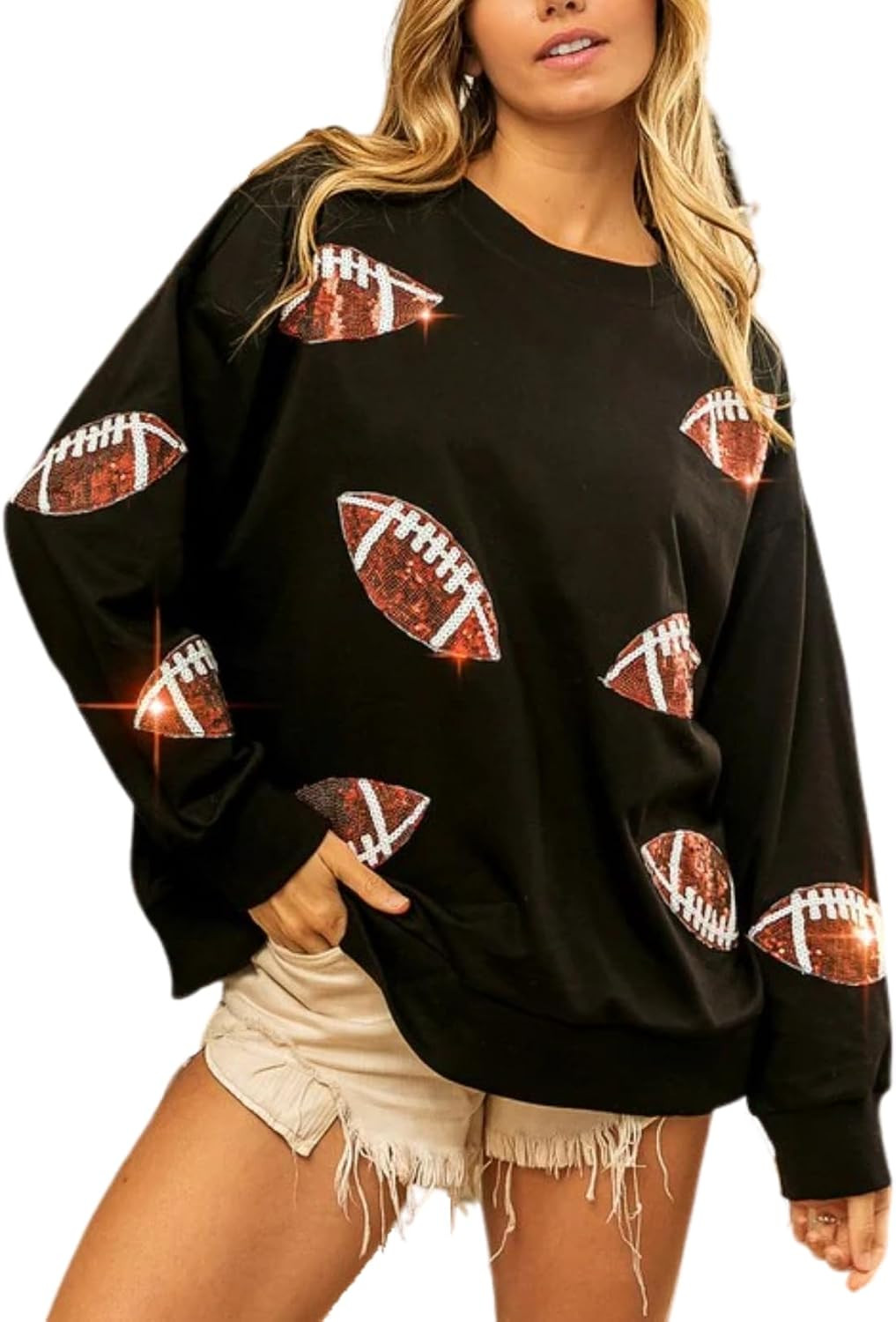 Womens Sparkle Football Sequin Rugby Sweatshirt Game Day Y2K Crewneck Oversized Shirt Long Sleeve Fleece Pullover | Amazon (US)