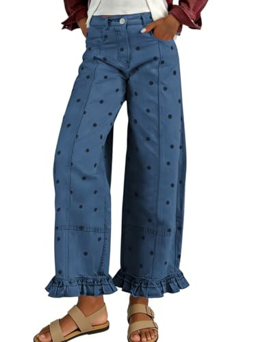 chouyatou Women's Cute Polka Dot Pattern Barrel Jeans Y2K Boyfriend Mid Rise Wide Leg Ruffled Den... | Amazon (US)