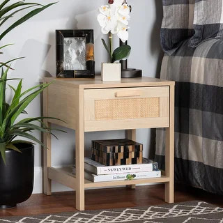 Baxton Studio Sebille Mid-Century Modern Light Brown Finished Wood 1-Drawer End Table with Natura... | Bed Bath & Beyond