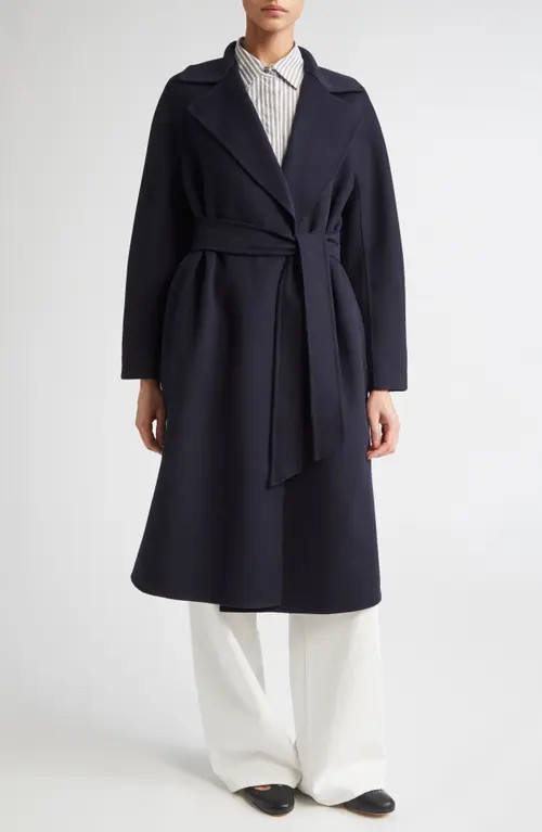 Max Mara Studio Cles Virgin Wool Blend Belted Coat in Navy at Nordstrom, Size 10 | Nordstrom