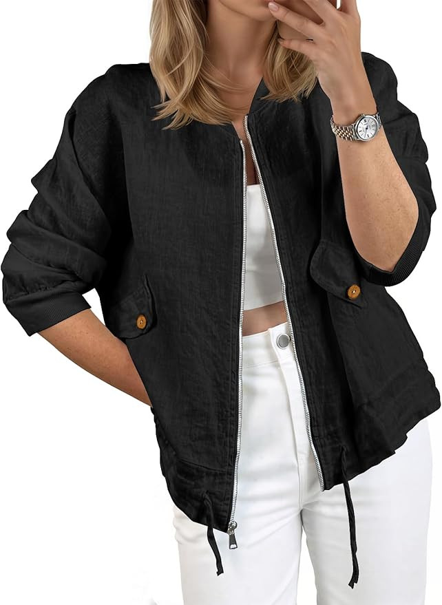 Amazon.com: Tankaneo Womens Lightweight Bomber Jackets Casual Zip Up Drawstring Cotton Linen Jack... | Amazon (US)