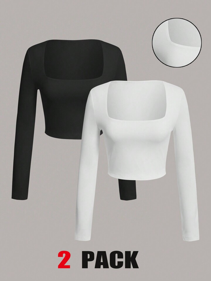 SHEIN EZwear 2pcs/Set Slim Fit Square Collar T-Shirt In Black And White | SHEIN