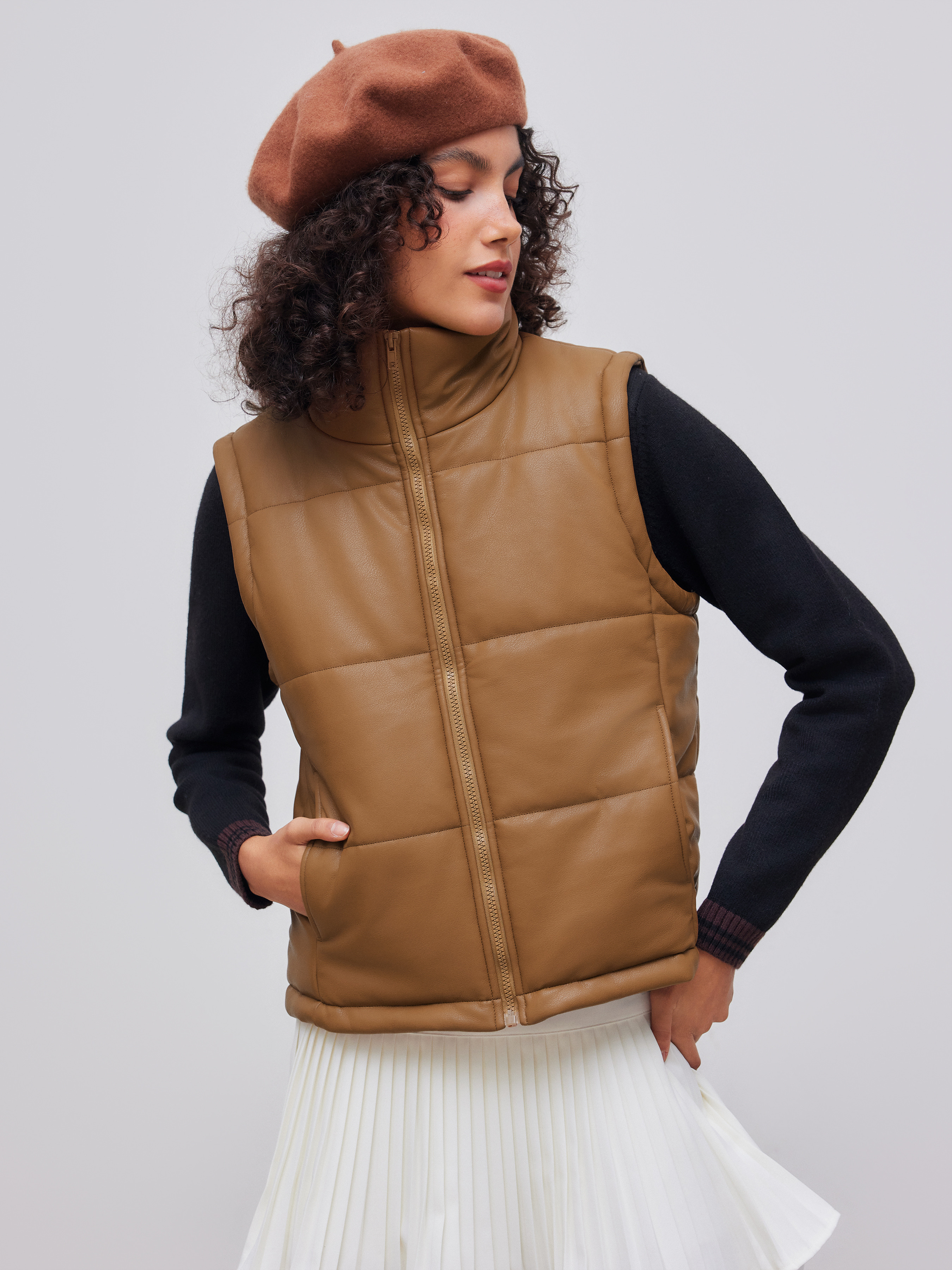Faux Leather Faux Leather High Neck Puffer Vest For Work | Cider
