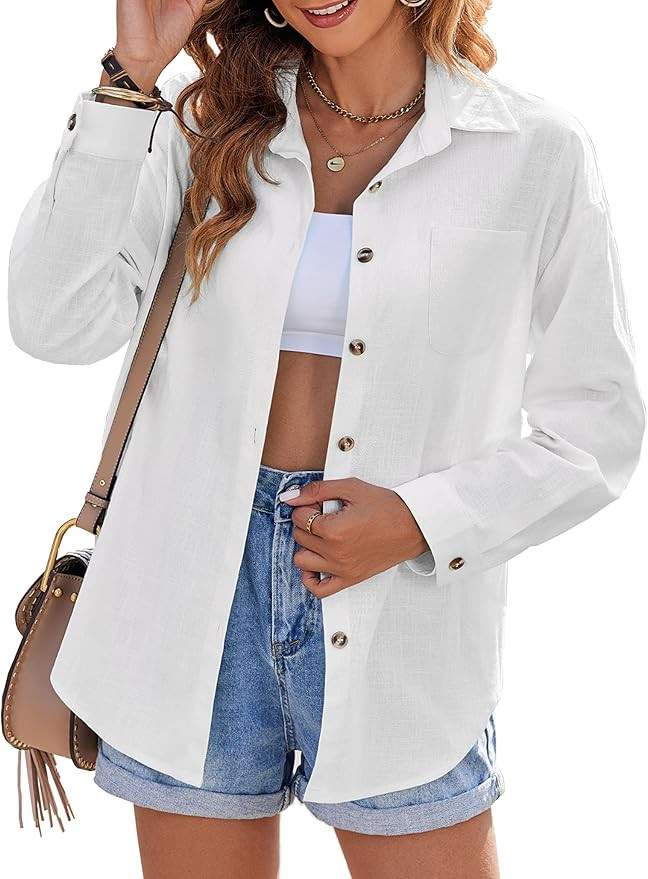 Zeagoo Womens Color Block Button Down Shirts Long Sleeve Linen Shirt Oversized Cotton Blouses Top... | Amazon (US)