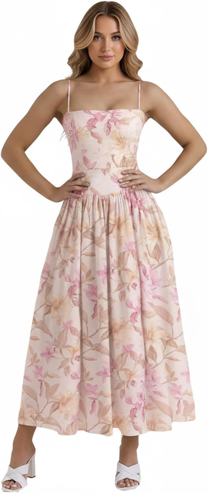 Women’s Floral Corset Midi Dress Square Neck Spaghetti Strap Flowy A-Line Boho Sundress Wedding... | Amazon (US)