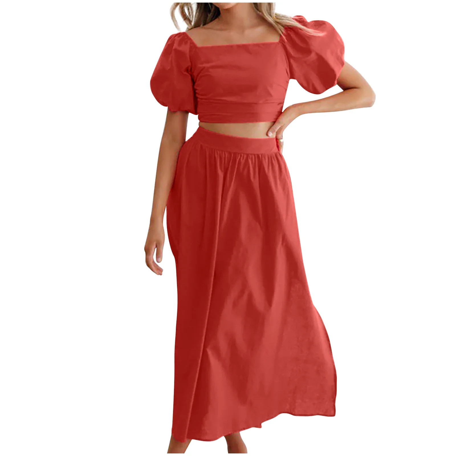 Women's Summer 2 Piece Outfit Solid Color Puff Short Sleeve Square Neck Crop Top Beach Maxi Skirt... | Walmart (US)