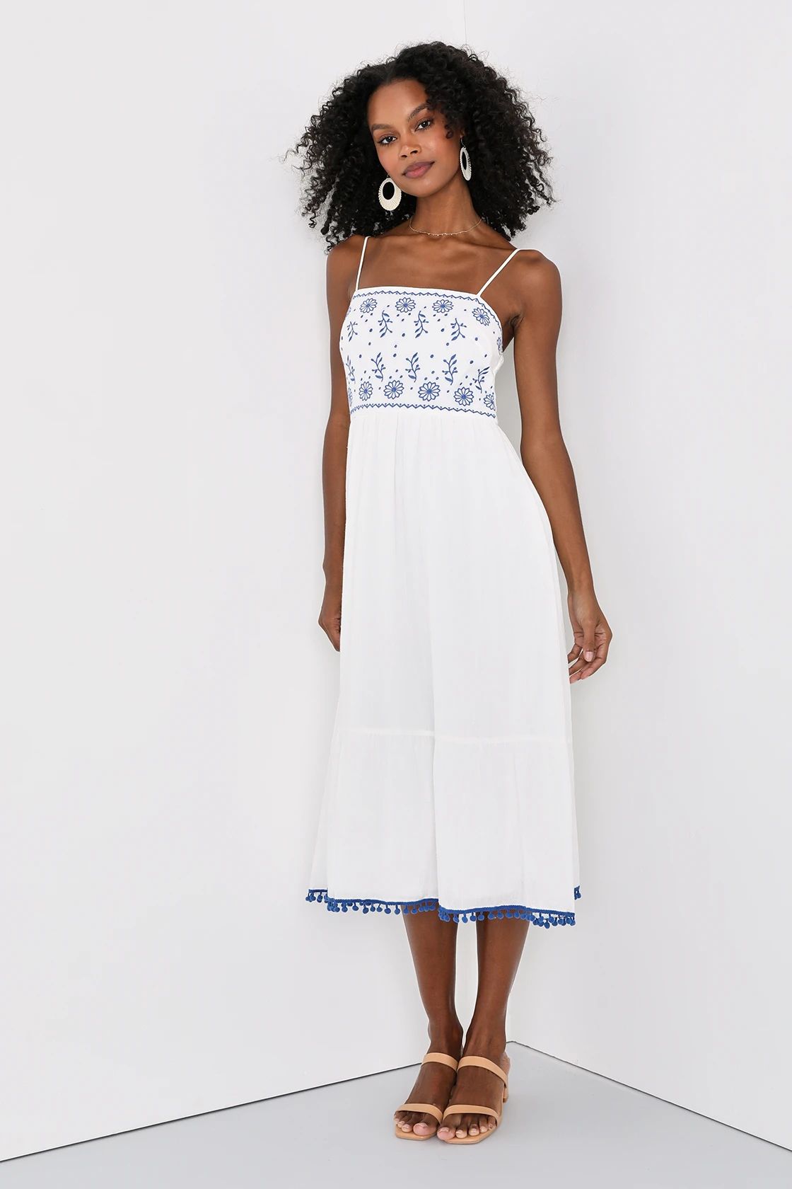 Mallorca Muse White and Blue Embroidered Midi Dress | Lulus (US)