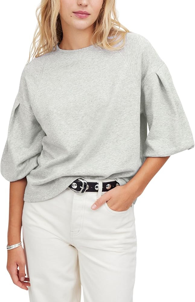 Women Cropped Sweatshirt Tee Puff Short Sleeve Crewneck Pullover Top Solid Casual Summer T-Shirt ... | Amazon (US)