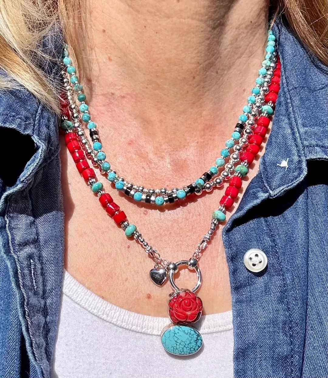 Sterling Silver Red Coral Pendant Necklace • Kingman Turquoise Rondelles, Charm Holder - Etsy | Etsy (US)