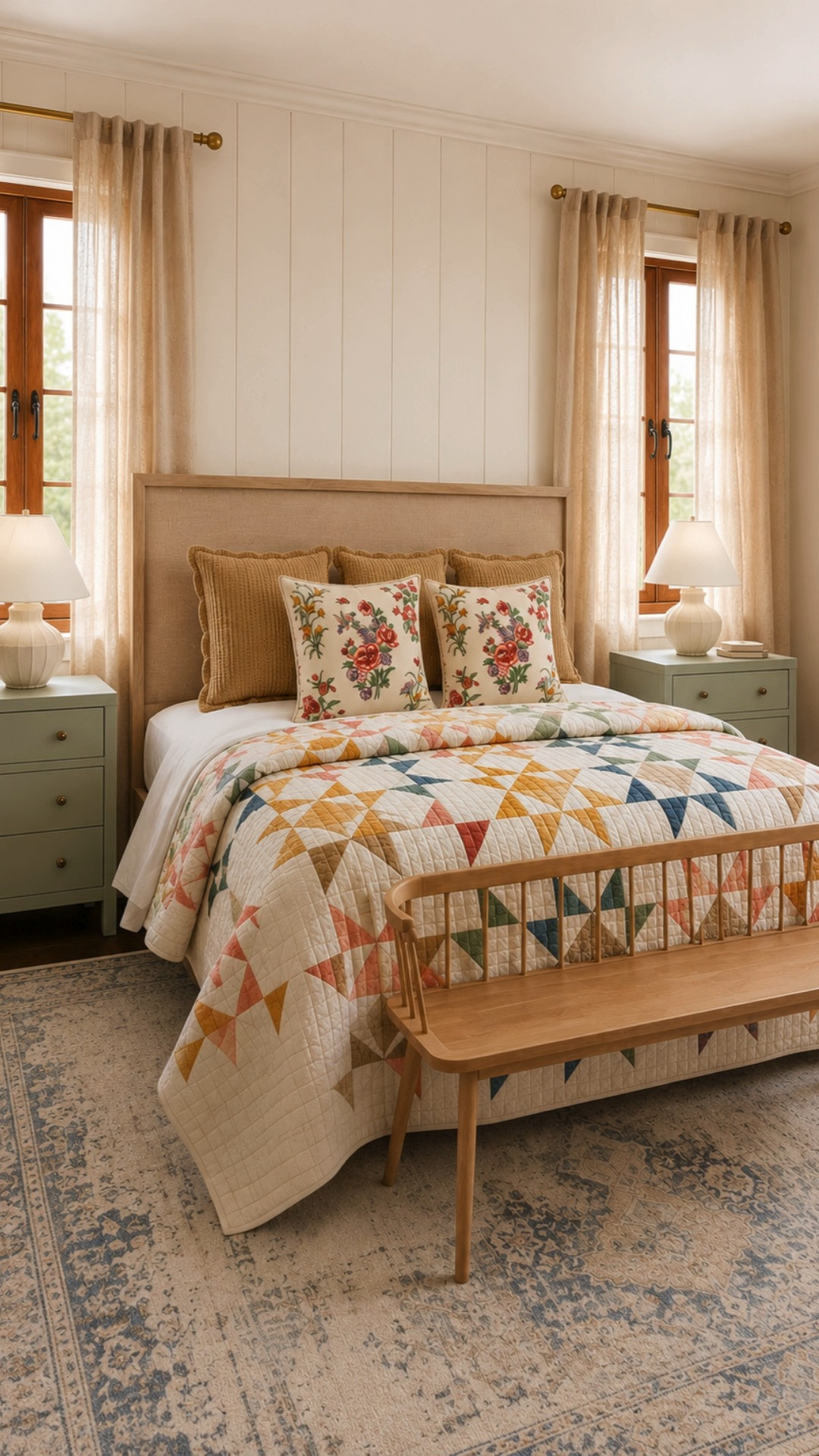 If your dream bedroom feels more Dirty Dancing at Kellerman's than modern farmhouse, this is it. Layered textures, warm wood tones, soft Quince drapery, and a classic patchwork quilt create a space that feels relaxed, welcoming, and collected over time—not purchased all at once. 

 #LTKHome