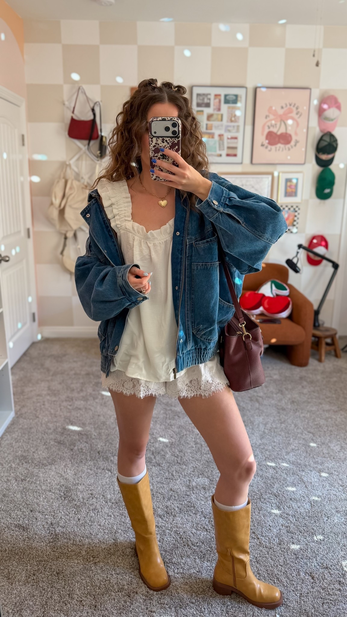 Casual outfit 3!! Wearing size large denim bomber jacket, the ruffle tank top comes in a two-piece set with shorts. I’m wearing a medium, also wearing size medium lace, satin shorts, and size 7, boots! Use code CASSIE24 for 10% off cakes!

#LTKmomlife #LTKTall #LTKootd