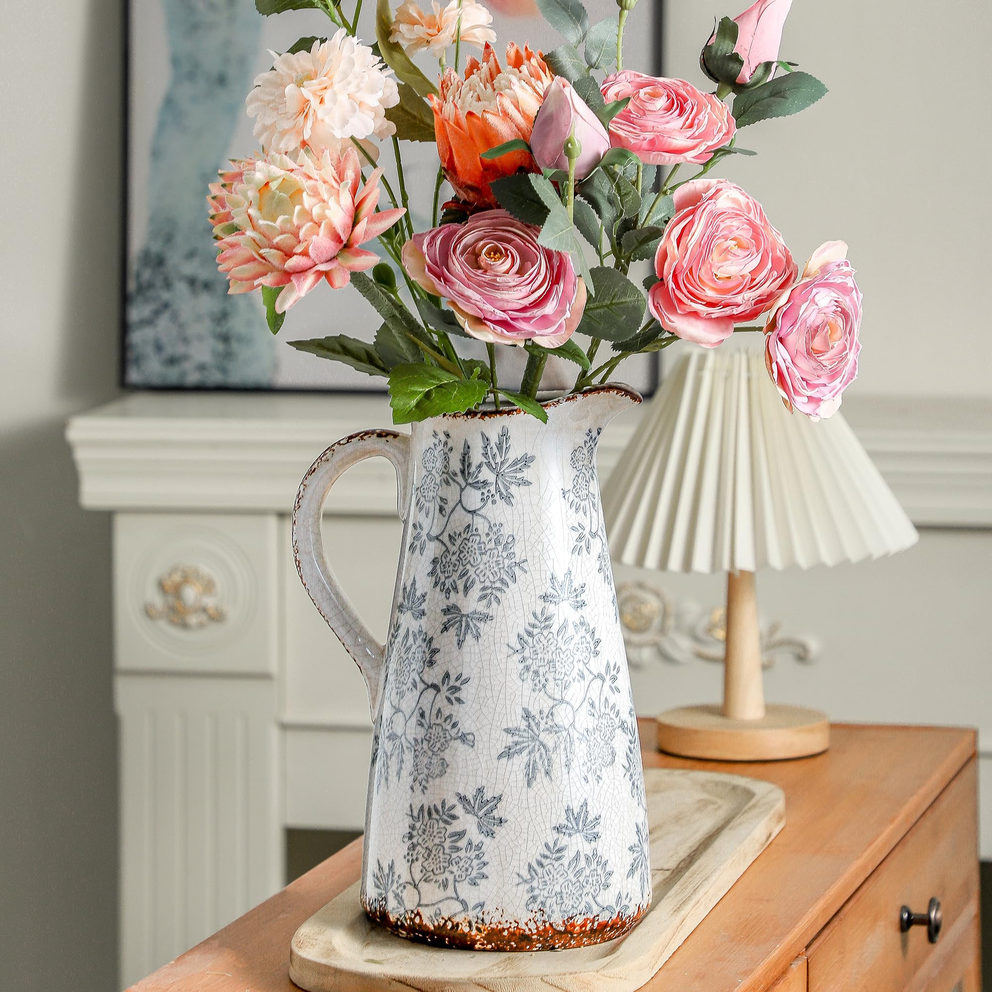 Enra Blue and White vase with Handle,12.2 inch Ceramic Vintage Decorative Flower Pitcher vase, Chinoiserie Floral Vase,Large Rustic Vases for Home Decors, Living Room, Bookshelf, Office | Amazon (US)