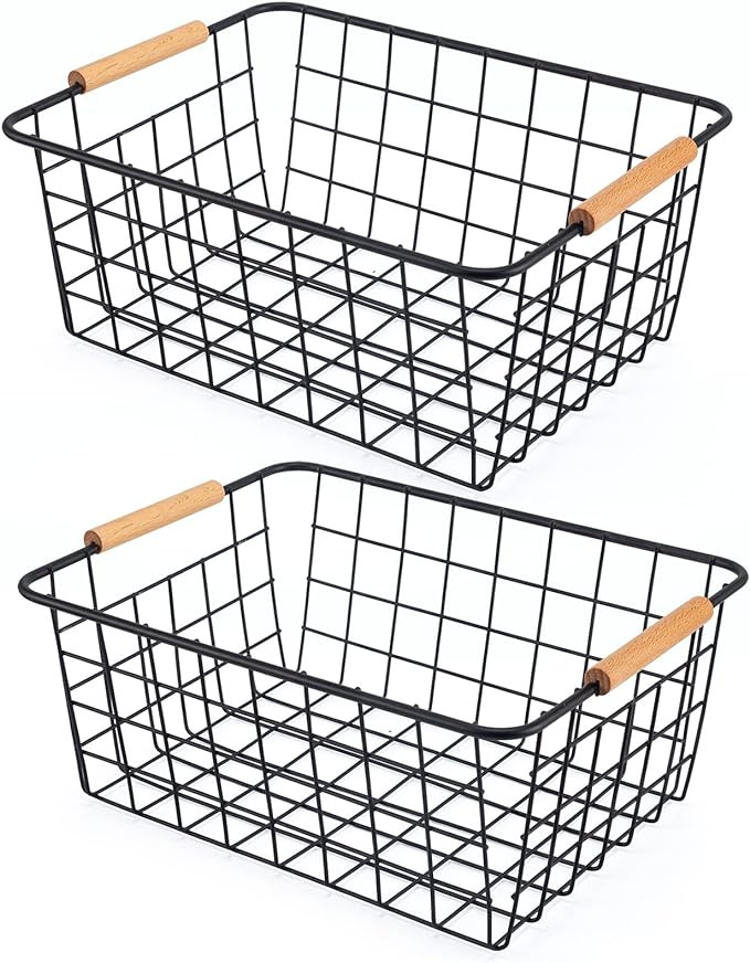 Black 2PCS Wire Storage Baskets with Wooden Handles - Organizing Pantry and Kitchen Cabinets - Me... | Amazon (US)