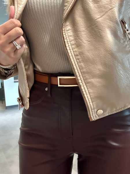 Neutral office outfit 
Holiday street style 
Vegan leather super high waist pant 
Straight leg leather pants in brown 
Black Friday extended sale 
Ribbed soft long sleeve shirt
Small waist belt gold 
Leather crop jacket 

#LTKsalealert #LTKstyletip #LTKCyberWeek