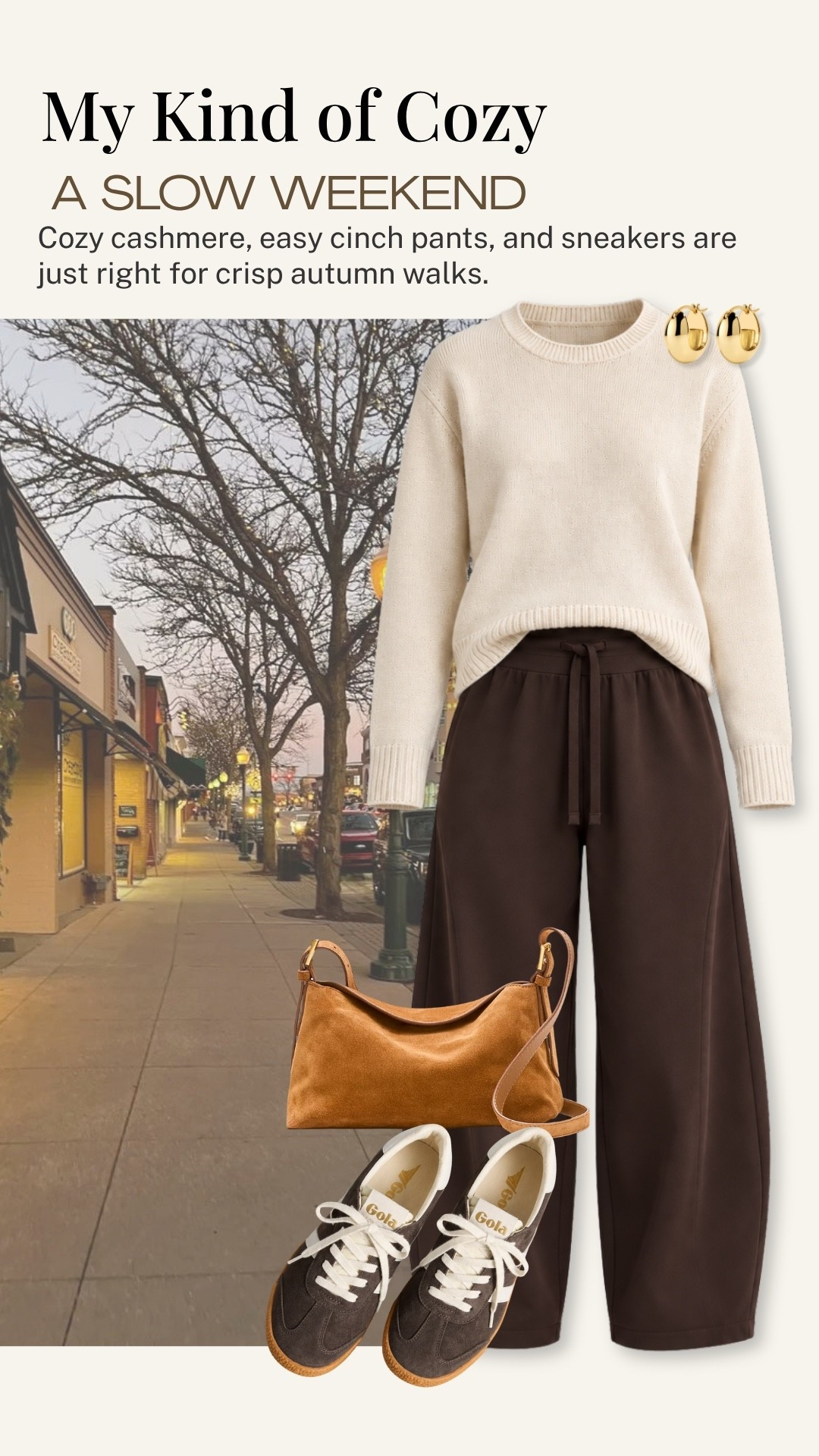 A cream cashmere sweater and dark brown cinch-waist pants make such a lovely combination for a slow fall weekend. Paired with classic sneakers and a warm tan handbag, this outfit is an easy choice for a crisp autumn walk or a casual day around town.

#LTKootd #LTKdayinmylife #LTKOver40