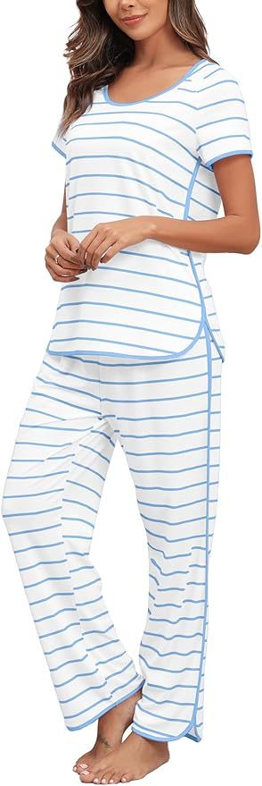 Stripe Pajamas Set for Women Two-Piece Sleepwear Short Sleeve Soft Side Split Wide Leg Pants Nigh... | Amazon (US)