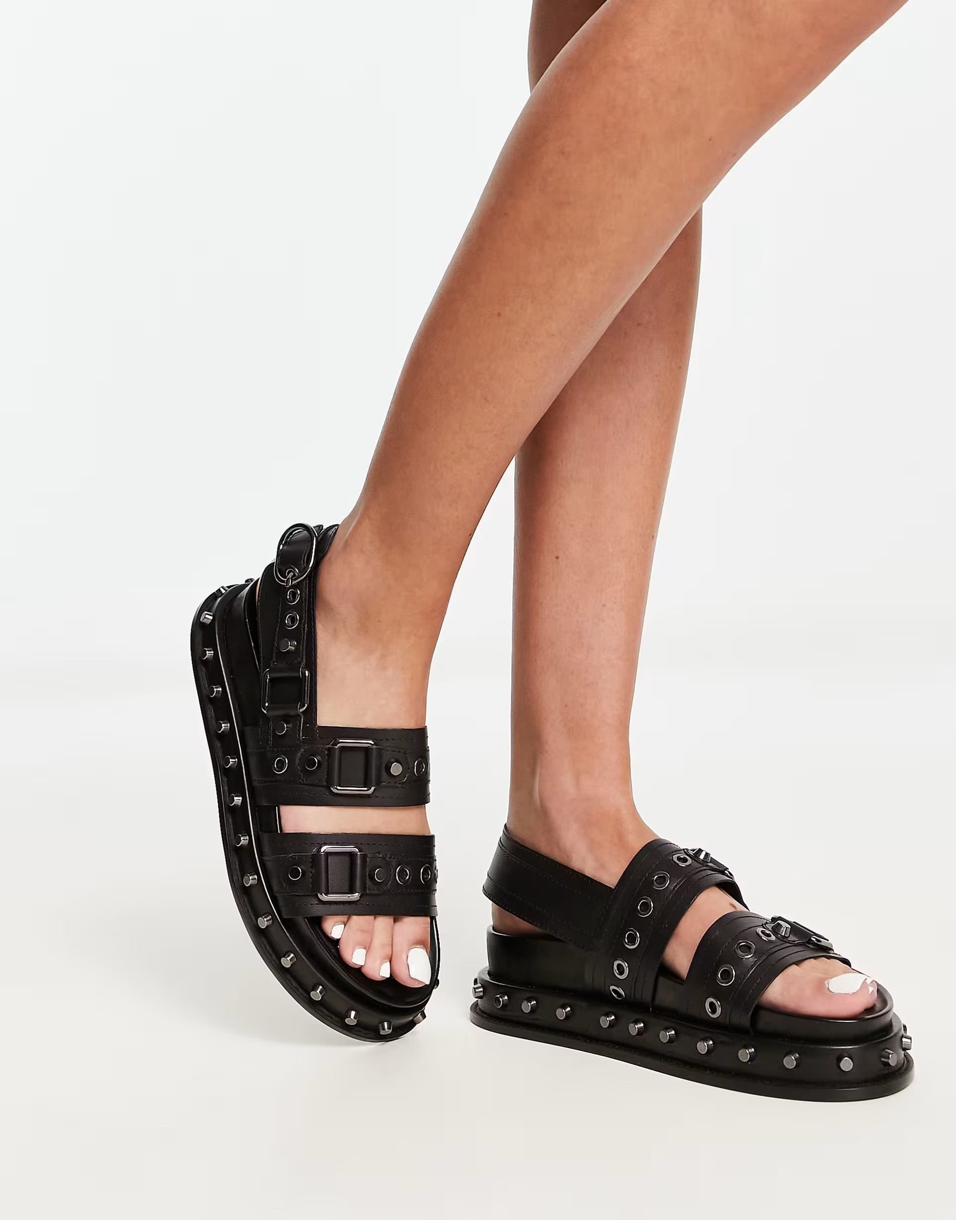 ASOS DESIGN Focused leather studded flat sandals in black | ASOS | ASOS (Global)